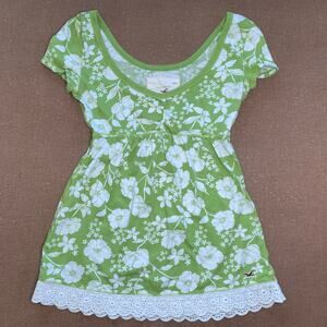 Hollister Co Babydoll Milkmaid Green White Cap Sleeve Women's Blouse Y2K size S